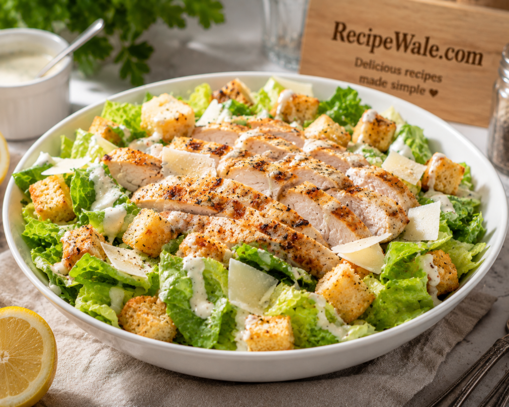 Chicken Caesar Salad recipe with grilled chicken and romaine lettuce