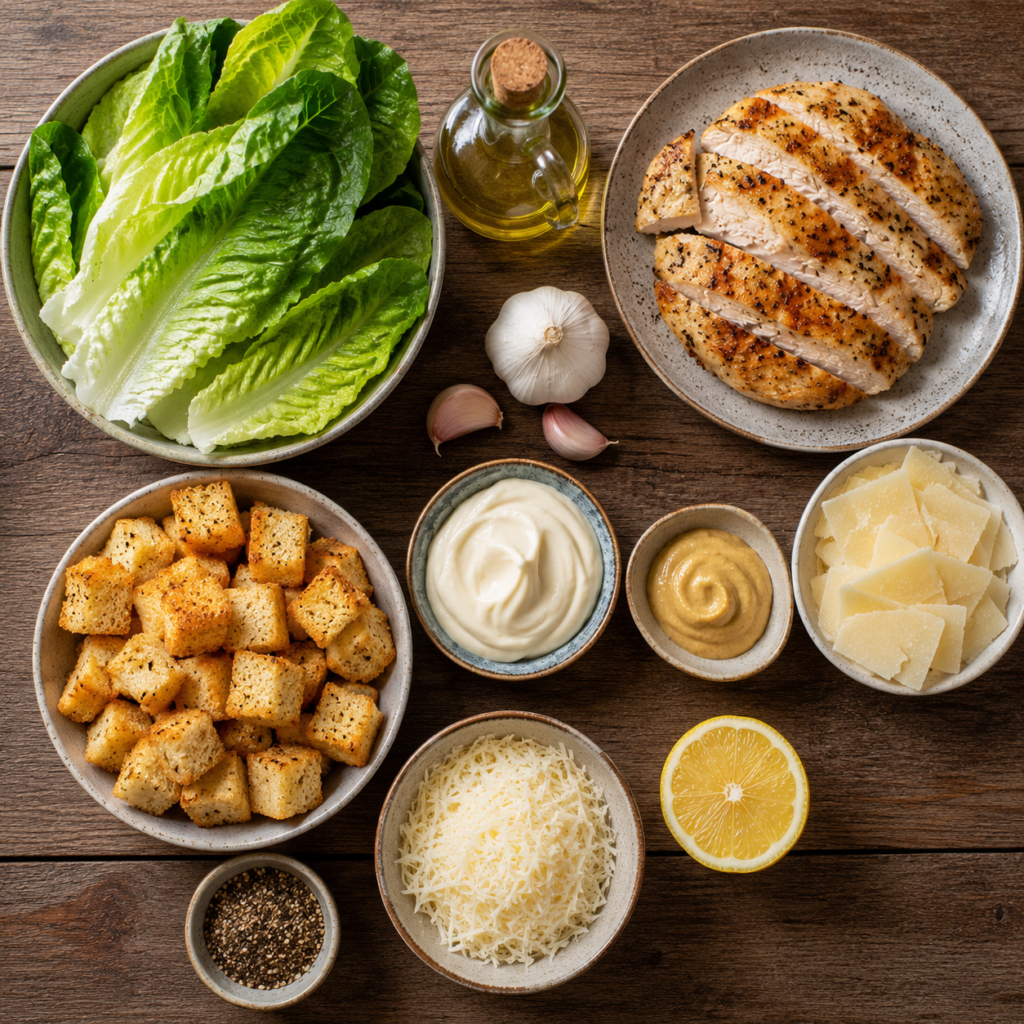 Ingredients for homemade Chicken Caesar Salad