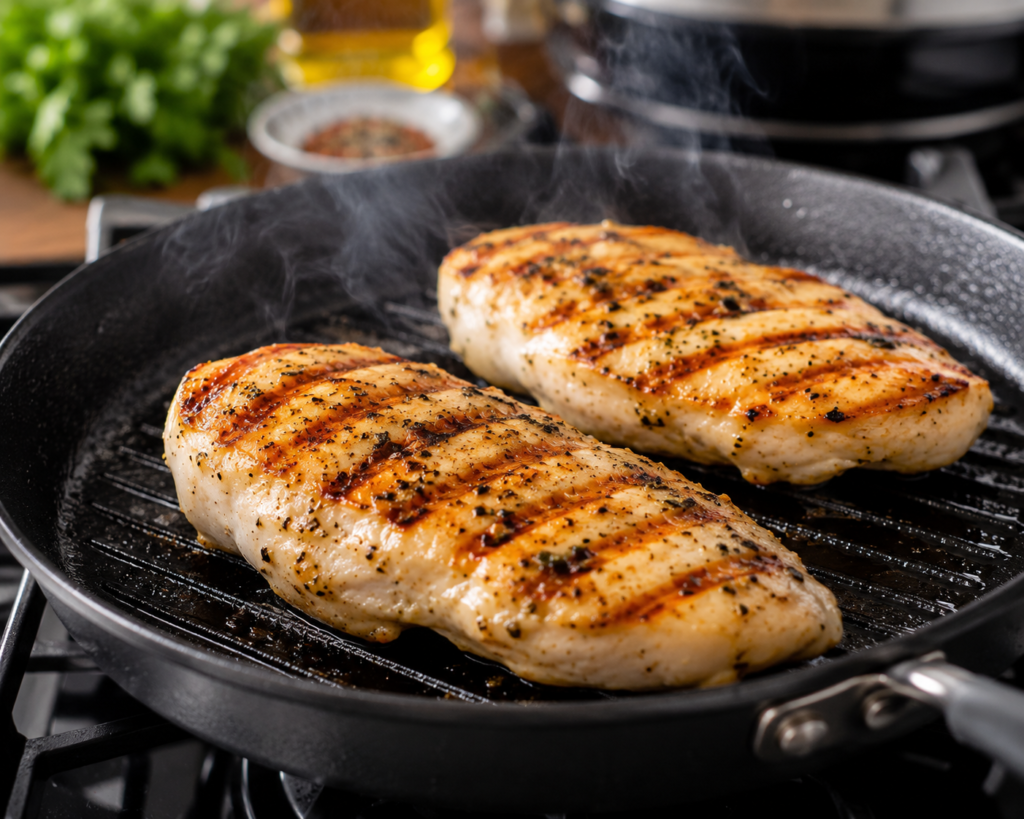 Grilled chicken cooking for Caesar salad recipe