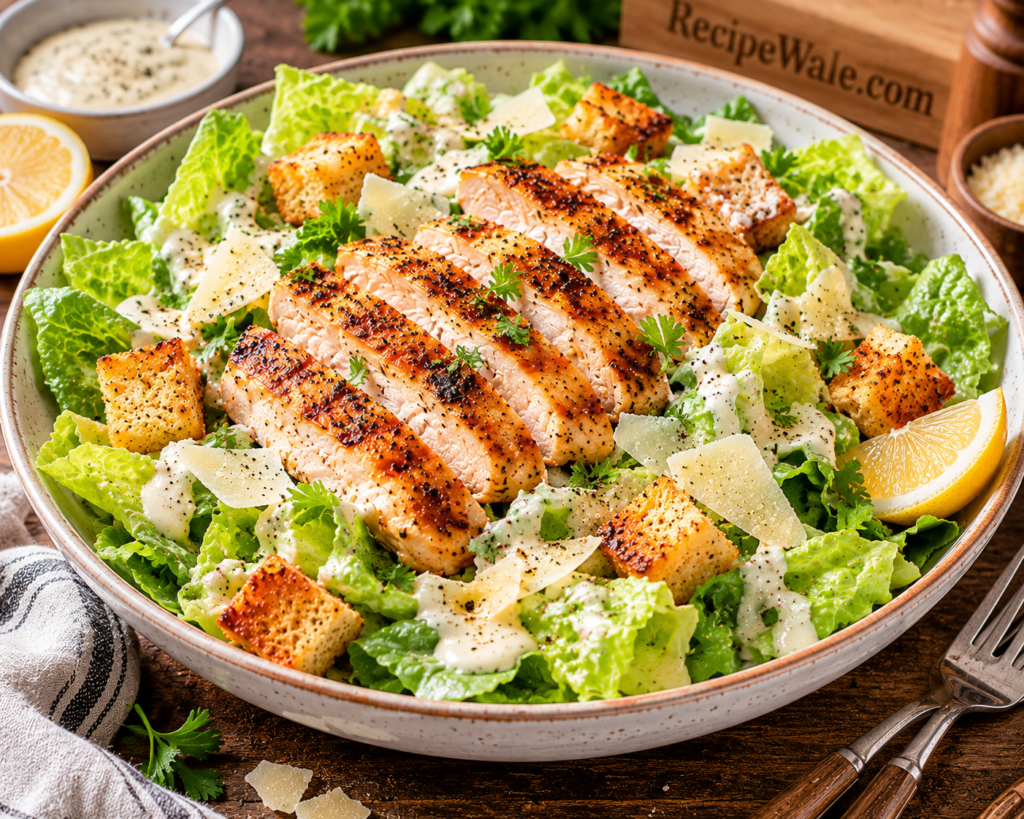 Easy Chicken Caesar Salad served with Parmesan cheese